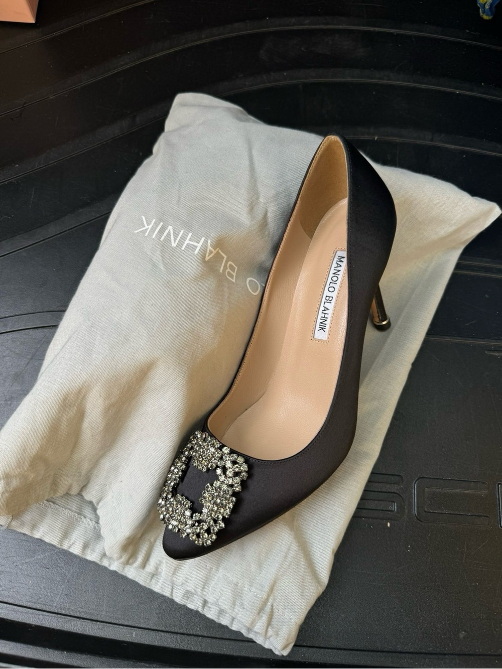 Manolo Blahnik Black Satin Pump with Crystal Buckle